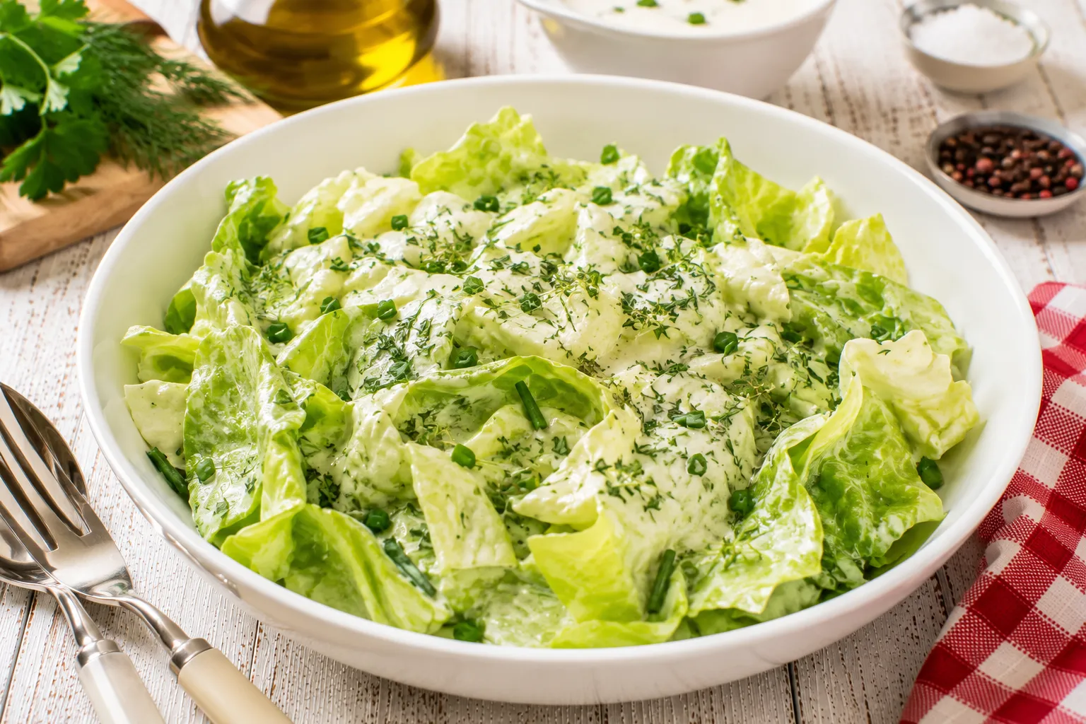 Frischer Kopfsalat mit cremigem Kräuterdressing und gehackten Kräutern in einer modernen weißen Salatschüssel.