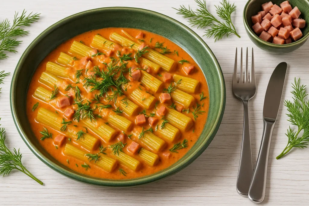  Mangoldstiele in Tomaten-Schinken-Soße, serviert in einer breiten grünen Schüssel auf weißem Holztisch, dekoriert mit Dill und Schinkenwürfeln.