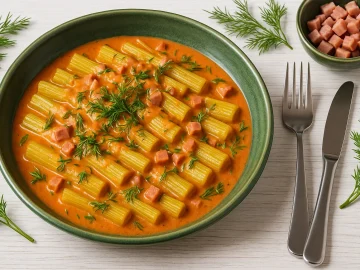 Mangoldstiele in Tomaten-Schinken-Soße, serviert in einer breiten grünen Schüssel auf weißem Holztisch, dekoriert mit Dill und Schinkenwürfeln.