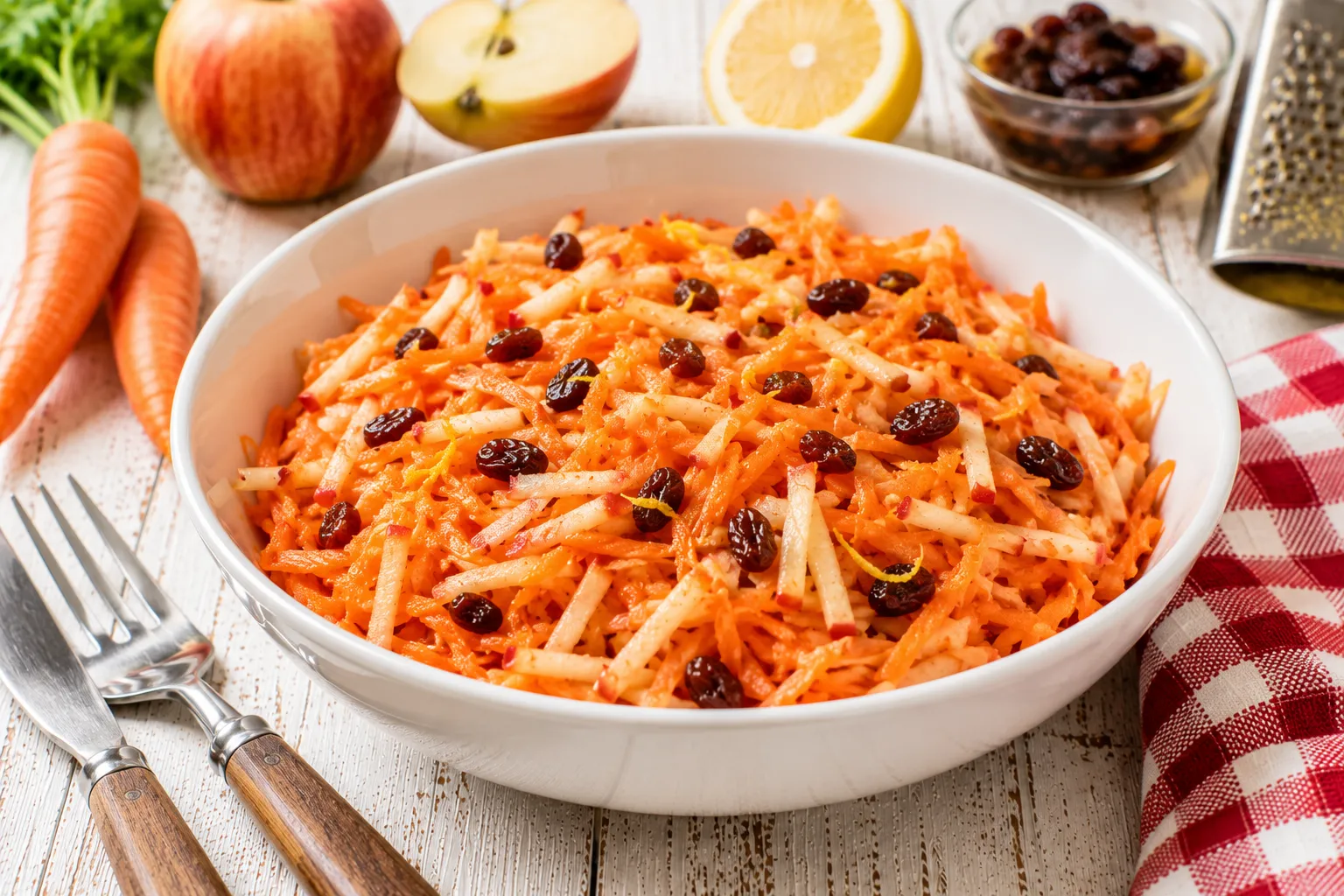 Frischer Möhrensalat aus geraspelten Möhren, Äpfeln und Rosinen in einer modernen weißen Schüssel.