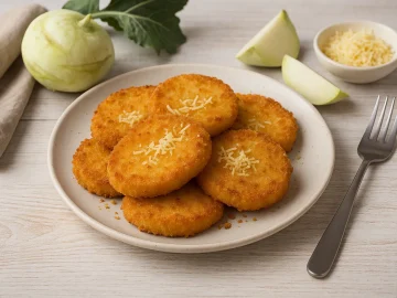 Panierte Kohlrabischeiben auf weißem Teller mit Reibekäse und hellen Tischaccessoires