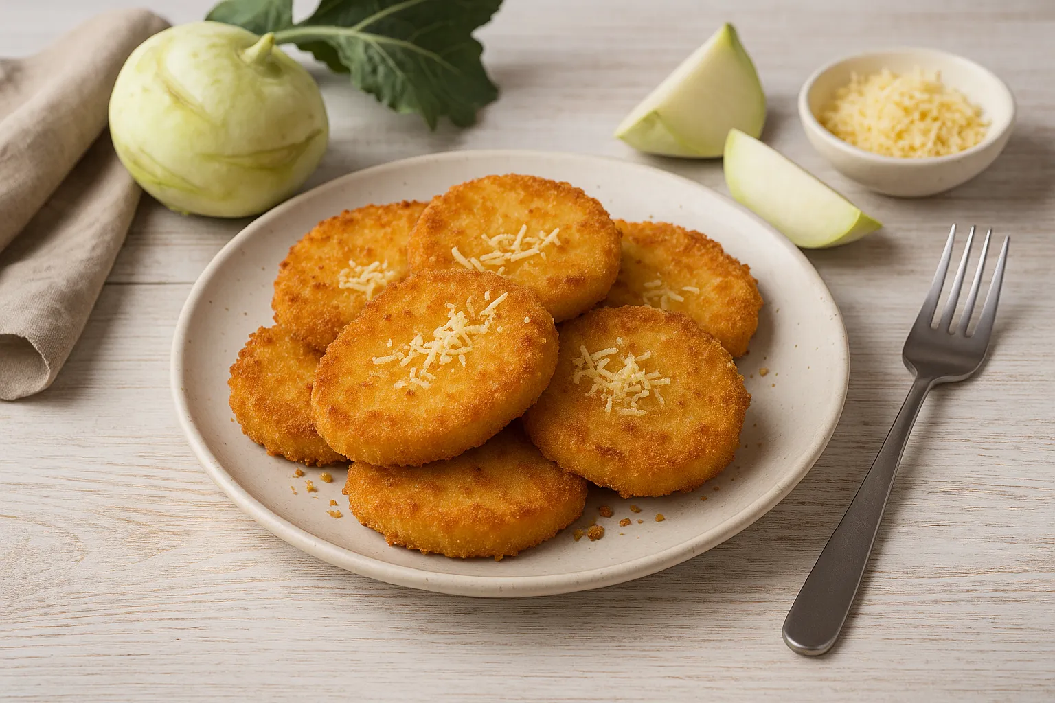 Panierte Kohlrabischeiben auf weißem Teller mit Reibekäse und hellen Tischaccessoires