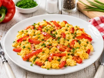 Lockeres Paprika-Rührei mit roten Paprikastreifen und frischem Schnittlauch auf einem modernen weißen Teller.