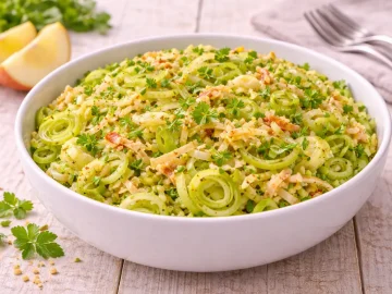 Porree-Rohkost mit Apfelraspeln und Petersilie in moderner Salatschüssel auf hellem Holztisch