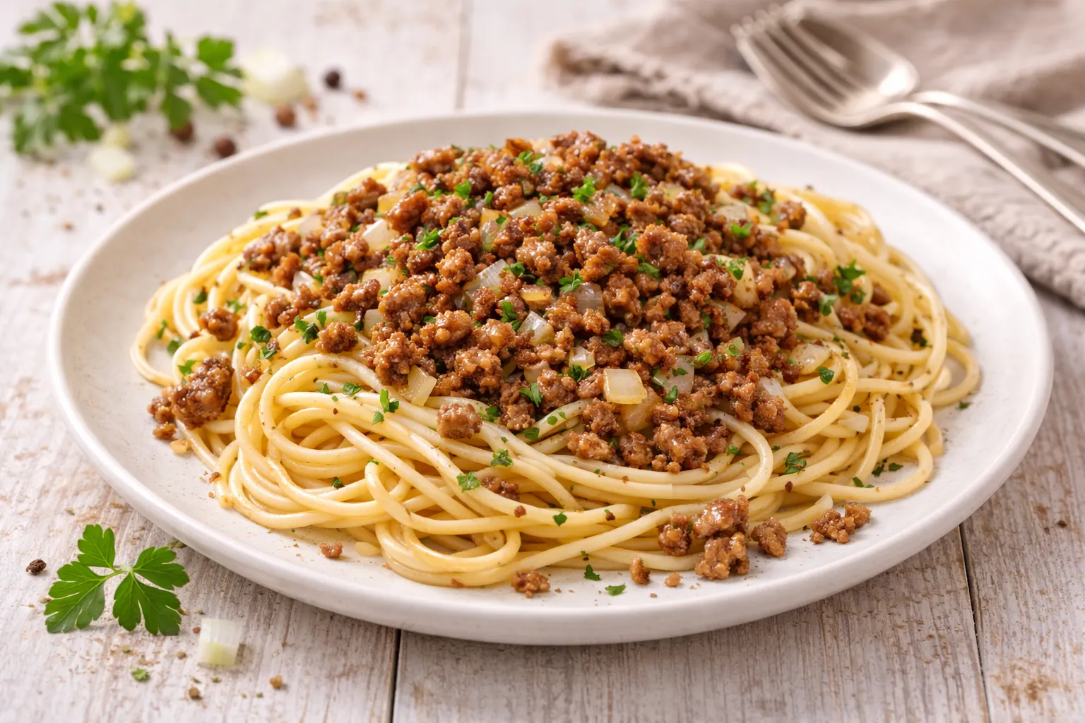 Spaghetti mit gebratenen Hackfleischbröseln und Zwiebeln auf hellem Teller auf weißem Holztisch