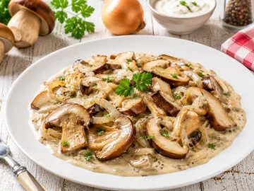 Gebratene Steinpilze in cremiger Zwiebelsoße auf einem modernen weißen Teller, garniert mit frischen Kräutern.