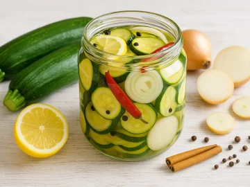 Eingelegte Zucchinischeiben in Glas mit Zitronen, Zwiebeln, Chili und Pfefferkörnern auf weißem Holztisch