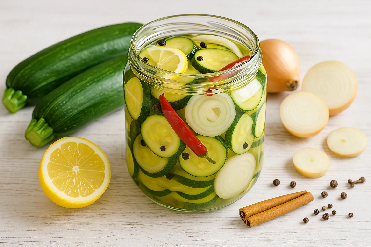  Eingelegte Zucchinischeiben in Glas mit Zitronen, Zwiebeln, Chili und Pfefferkörnern auf weißem Holztisch