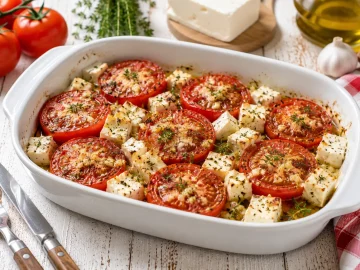 Überbackene Tomaten mit Schafskäse, Knoblauch und Thymian in einer weißen Auflaufform.