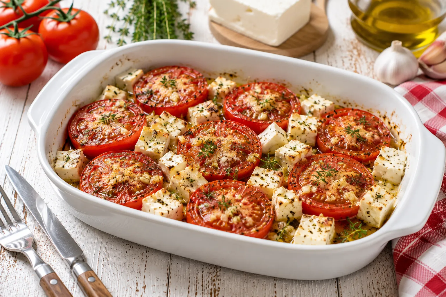 Überbackene Tomaten mit Schafskäse, Knoblauch und Thymian in einer weißen Auflaufform.