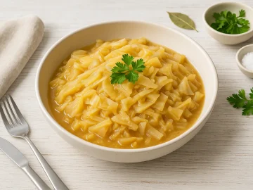 Weißkohl süß-sauer in einer weißen Schüssel, dekoriert mit Kräutern auf hellem Holztisch