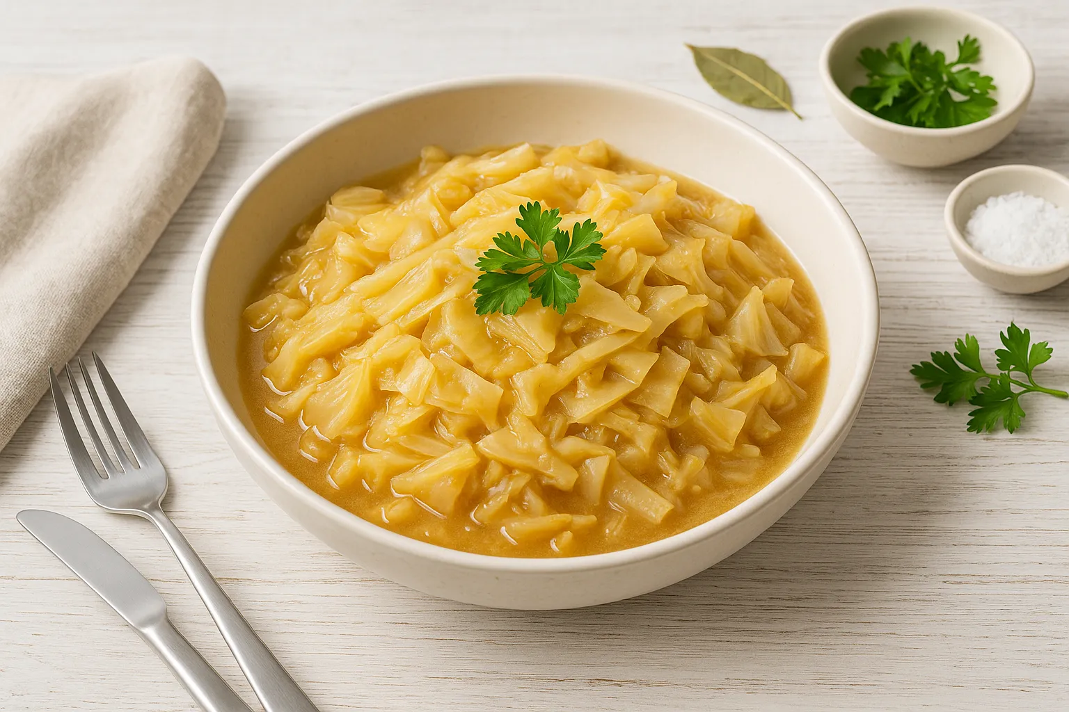 Weißkohl süß-sauer in einer weißen Schüssel, dekoriert mit Kräutern auf hellem Holztisch