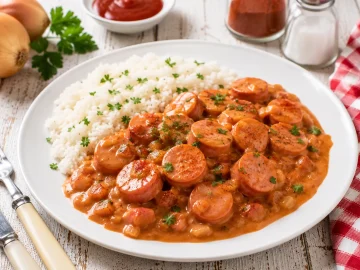 Wiener Gulasch mit Wiener Würstchen, cremiger Paprikasoße und Petersilie auf einem modernen weißen Teller.