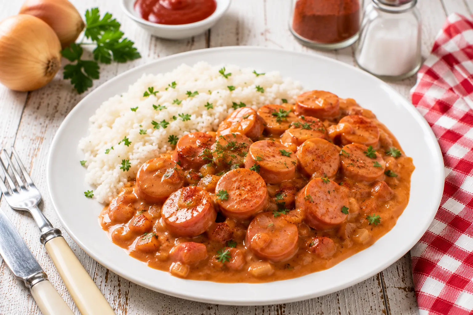Wiener Gulasch mit Wiener Würstchen, cremiger Paprikasoße und Petersilie auf einem modernen weißen Teller.