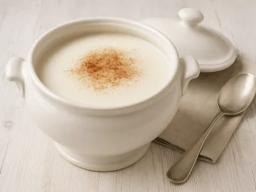 Sorbische Suppenterrine mit Buttermilchsuppe, bestreut mit Zimt, auf hellem Holzhintergrund