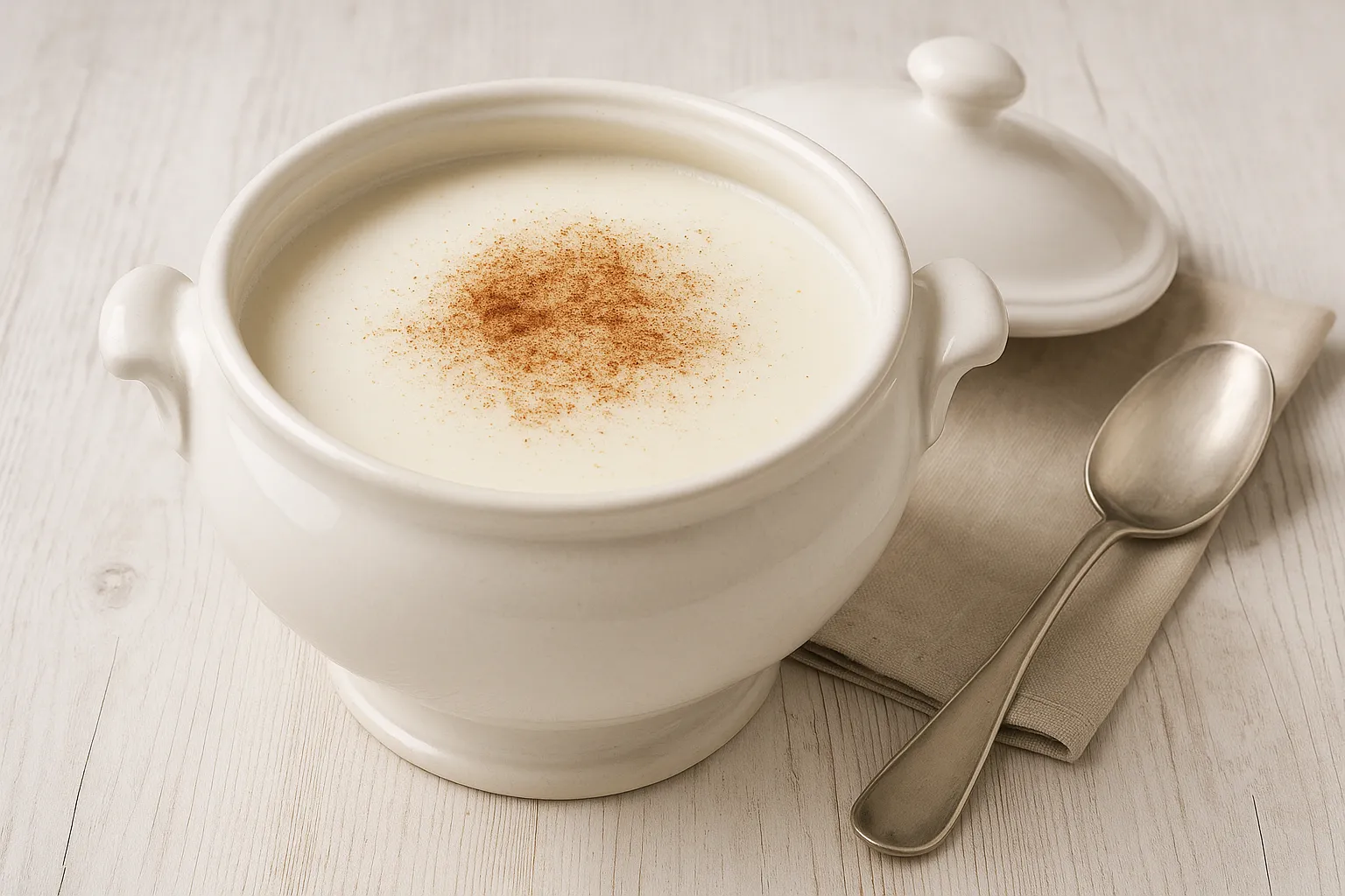 Sorbische Suppenterrine mit Buttermilchsuppe, bestreut mit Zimt, auf hellem Holzhintergrund