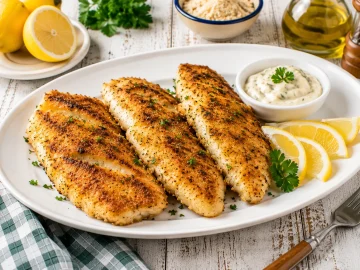 Knusprig gegrillte Fischfilets mit Zitrone und Remoulade auf einem modernen weißen Teller.