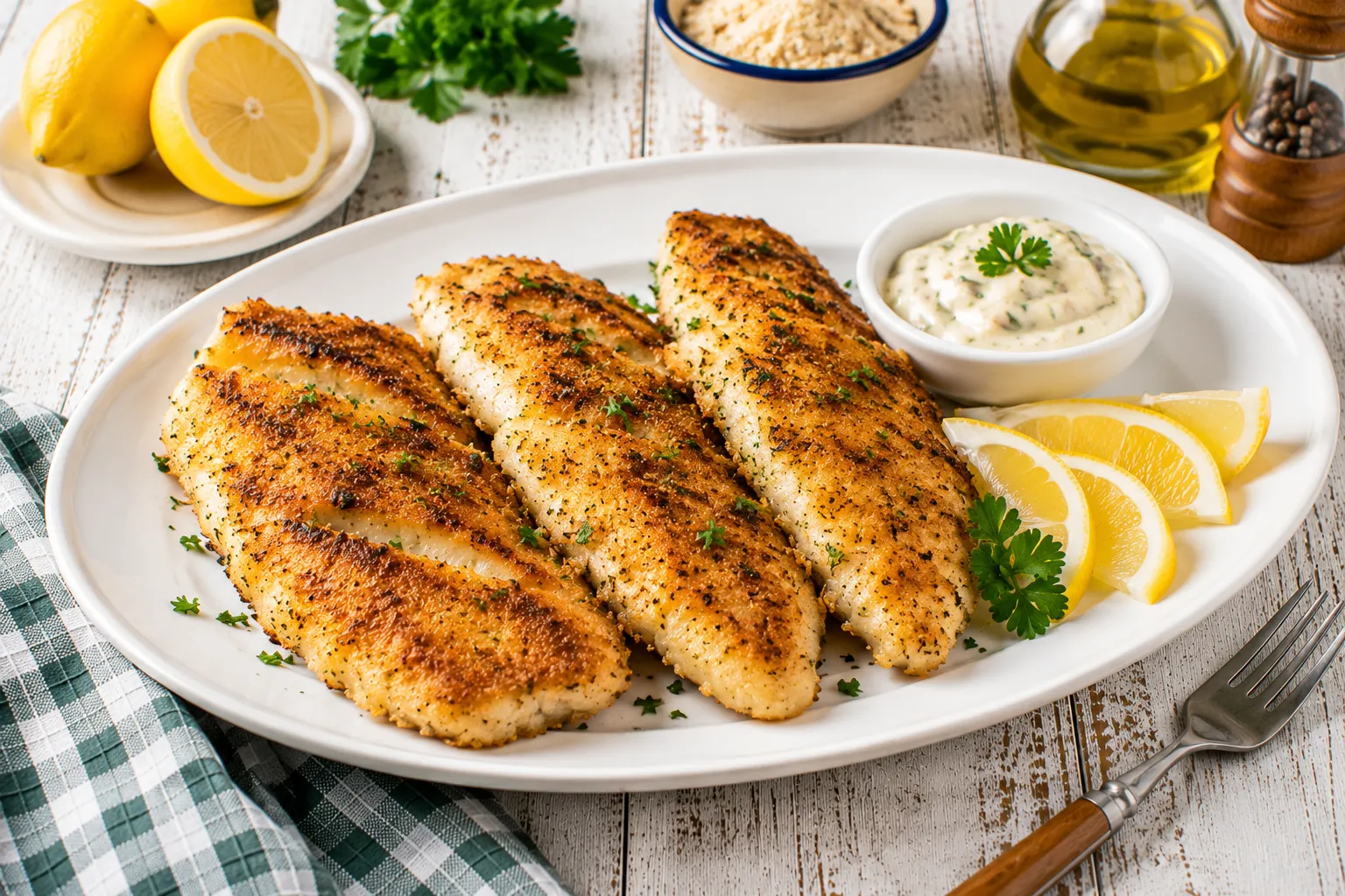 Knusprig gegrillte Fischfilets mit Zitrone und Remoulade auf einem modernen weißen Teller.