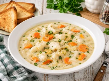Cremige Fischsuppe mit Kabeljau, Möhren und Petersilie in einem tiefen weißen Teller.