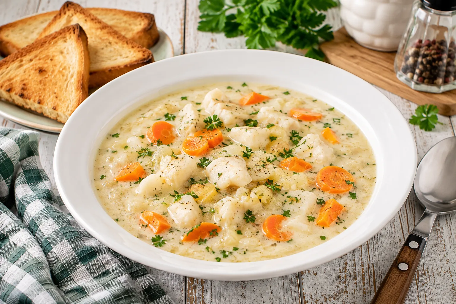 Cremige Fischsuppe mit Kabeljau, Möhren und Petersilie in einem tiefen weißen Teller.