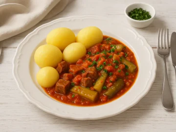 Gulasch mit Fleischwürfeln und geschmorten Gurken in Tomatensoße auf weißem DDR-Teller mit Kartoffeln