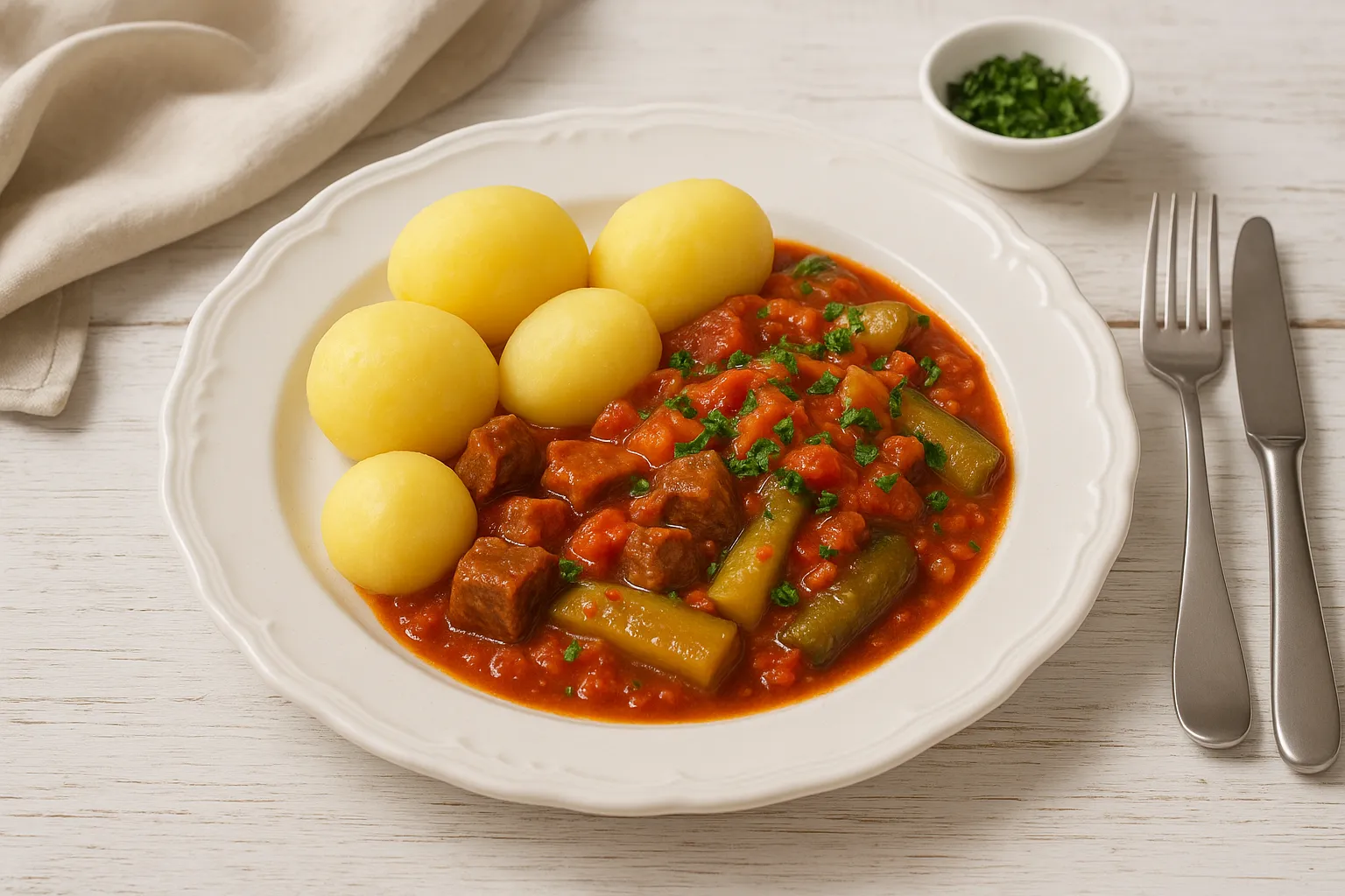 Gulasch mit Fleischwürfeln und geschmorten Gurken in Tomatensoße auf weißem DDR-Teller mit Kartoffeln