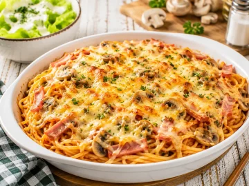 Überbackene Spaghetti Mailänder Art mit Schinken, Champignons und goldbrauner Käsekruste auf einem weißen Teller.