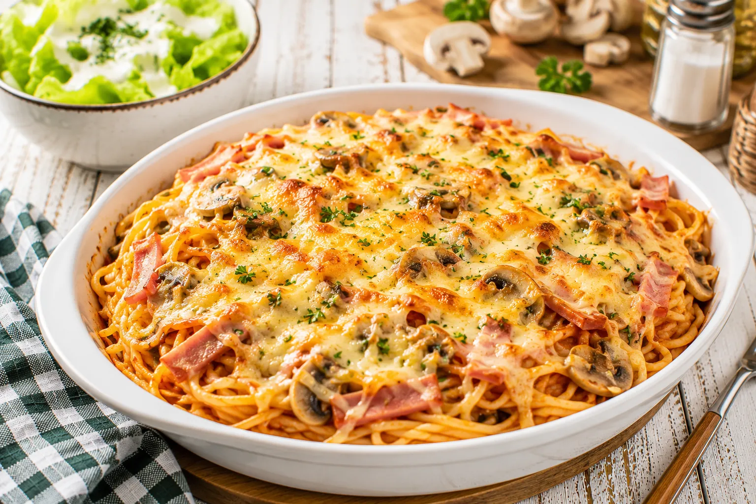 Überbackene Spaghetti Mailänder Art mit Schinken, Champignons und goldbrauner Käsekruste auf einem weißen Teller.
