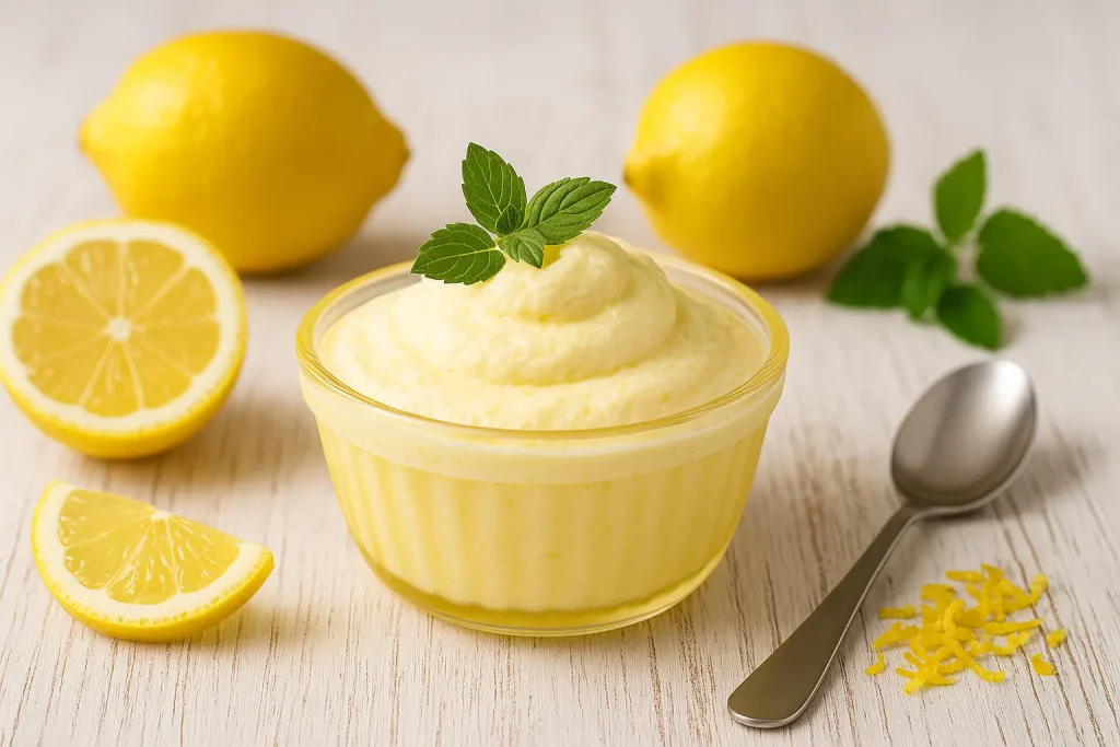  Zitronen-Mousse in gelber Glasschale, dekoriert mit Zitronenscheiben und Minze auf weißem Holztisch.