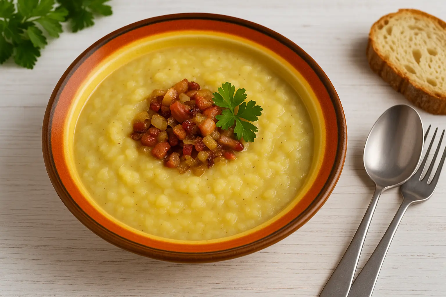  Zodelsuppe in buntem DDR-Suppenteller mit Speck und Zwiebeln, serviert auf weißem Holztisch, dazu Brot und Kräuter.