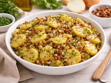 Herzhafter Altmärker Kartoffelsalat mit Kartoffelscheiben, Schinkenspeck, Zwiebeln und frischen Kräutern in weißer Schüssel auf hellem Holztisch.