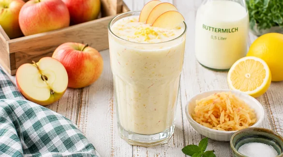 Cremige Apfel-Buttermilch in einem hohen Glas mit Apfelscheiben und Zitronenschale.