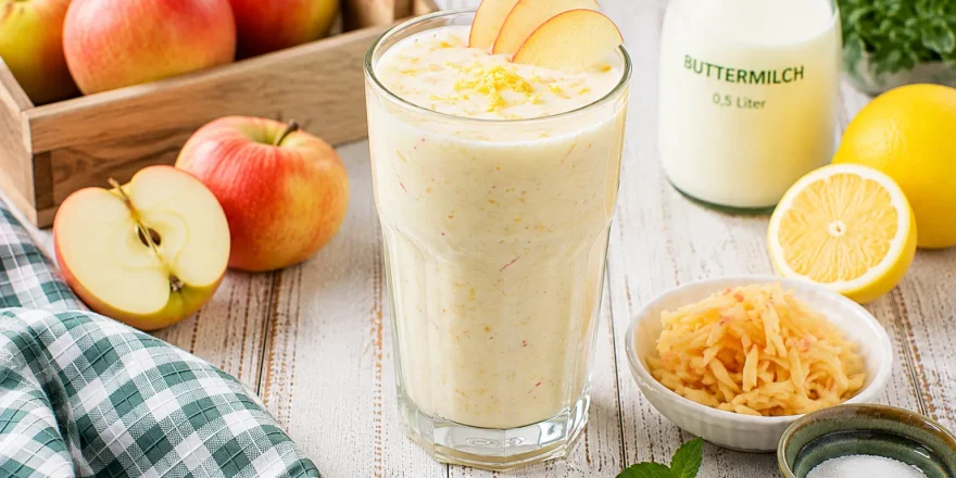 Cremige Apfel-Buttermilch in einem hohen Glas mit Apfelscheiben und Zitronenschale.