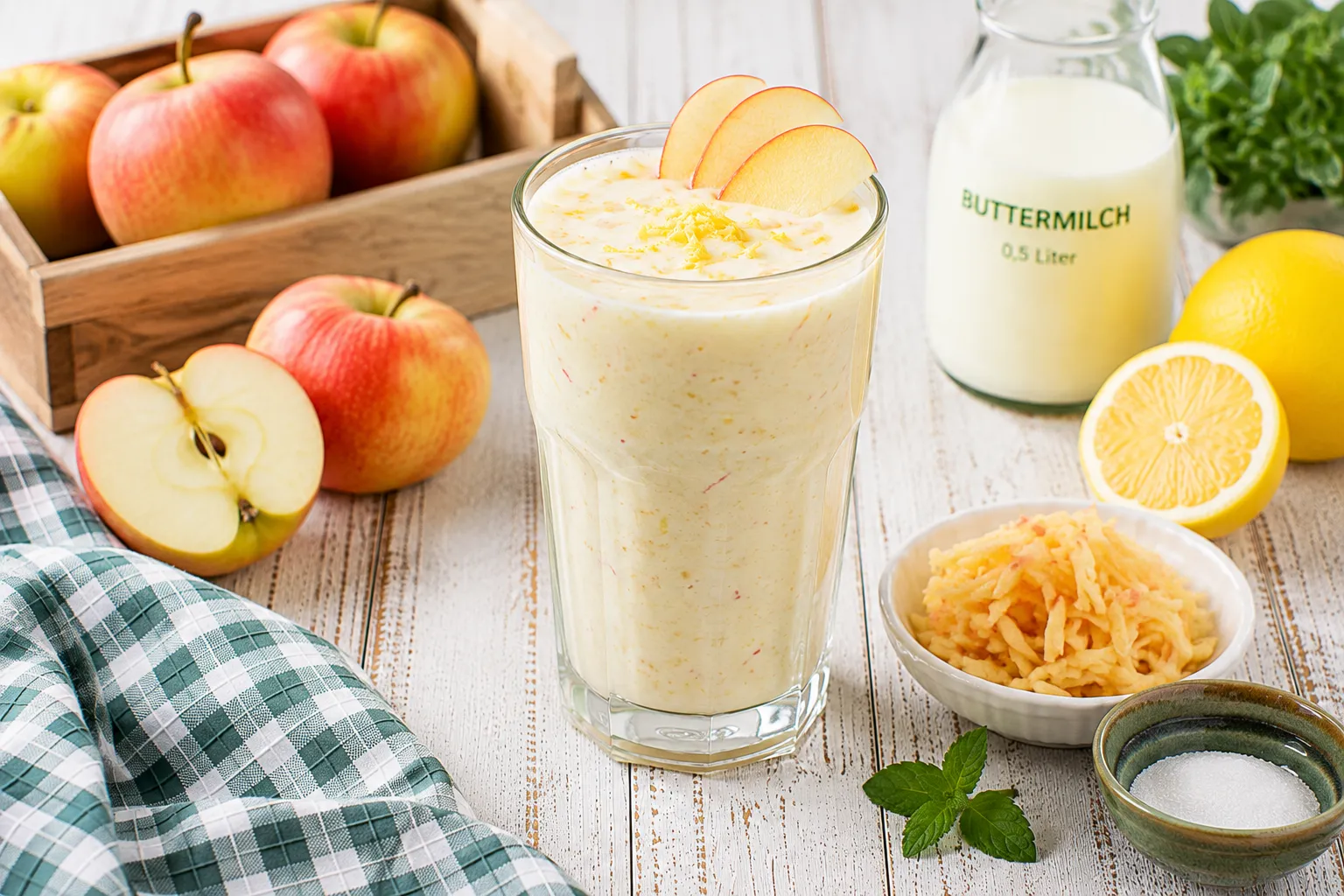 Cremige Apfel-Buttermilch in einem hohen Glas mit Apfelscheiben und Zitronenschale.