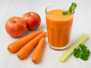 Frischer Apfel-Möhren-Saft in einem Glas, daneben Äpfel, Möhren und Sellerie auf hellem Holzhintergrund