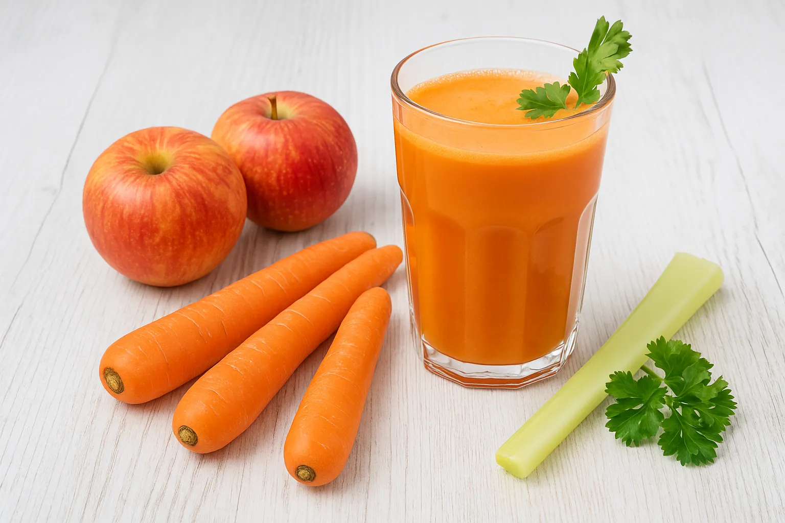 Frischer Apfel-Möhren-Saft in einem Glas, daneben Äpfel, Möhren und Sellerie auf hellem Holzhintergrund