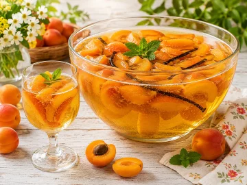 Große Glasschüssel mit Aprikosenbowle, frischen Aprikosenspalten und prickelndem Sekt.