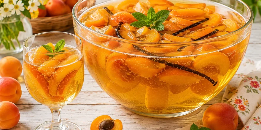 Große Glasschüssel mit Aprikosenbowle, frischen Aprikosenspalten und prickelndem Sekt.