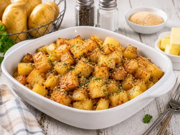 Goldbraun gebackene Kartoffelwürfel mit knuspriger Kruste in einer weißen Servierschüssel.