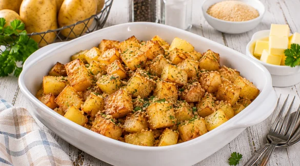 Goldbraun gebackene Kartoffelwürfel mit knuspriger Kruste in einer weißen Servierschüssel.