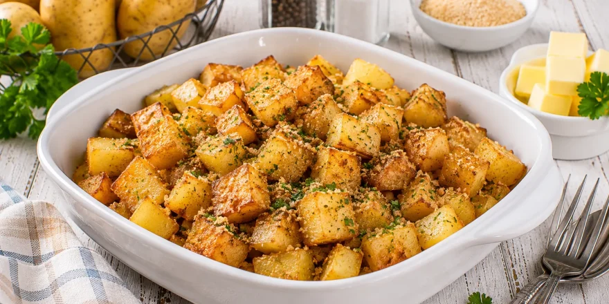 Goldbraun gebackene Kartoffelwürfel mit knuspriger Kruste in einer weißen Servierschüssel.