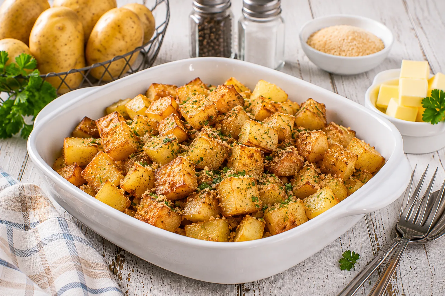 Goldbraun gebackene Kartoffelwürfel mit knuspriger Kruste in einer weißen Servierschüssel.
