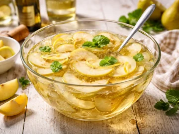 Birnenbowle mit frischen Birnenscheiben, Weißwein und Sekt in einer Glasschale auf rustikalem Holztisch