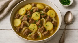 Englischer Eintopf mit Hammelfleisch, Kartoffeln und Zwiebeln in einer weißen Schüssel auf hellem Holzhintergrund.