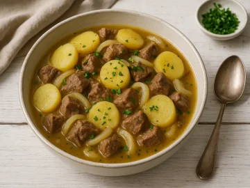 Englischer Eintopf mit Hammelfleisch, Kartoffeln und Zwiebeln in einer weißen Schüssel auf hellem Holzhintergrund.