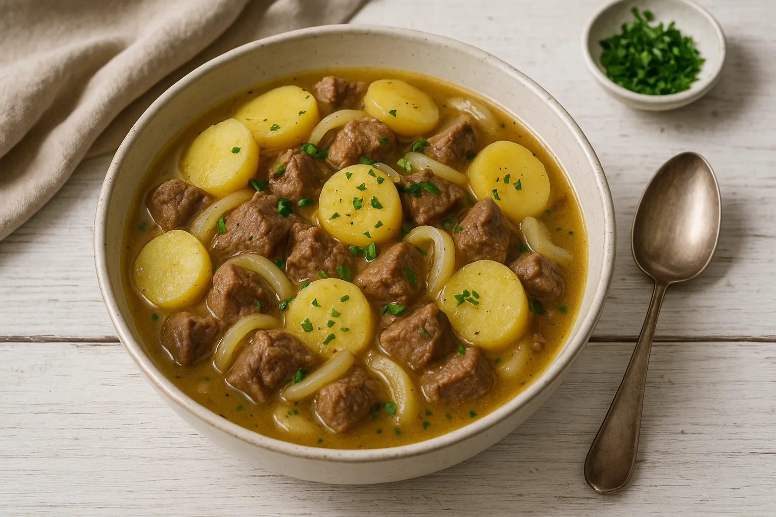 Englischer Eintopf mit Hammelfleisch, Kartoffeln und Zwiebeln in einer weißen Schüssel auf hellem Holzhintergrund.
