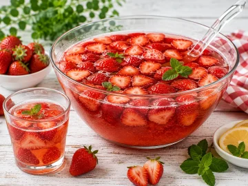 Große Glasschüssel mit alkoholfreier Erdbeerbowle und frischen Erdbeeren auf einem hellen Holztisch.