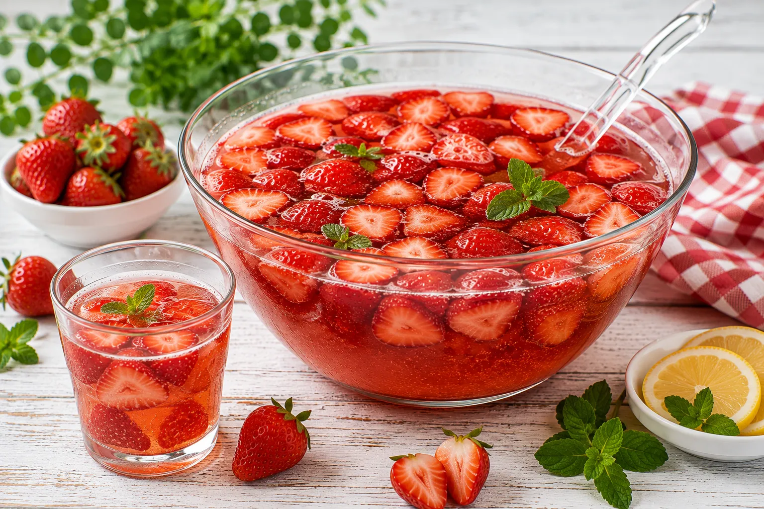 Große Glasschüssel mit alkoholfreier Erdbeerbowle und frischen Erdbeeren auf einem hellen Holztisch.