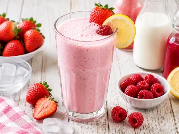 Cremiger Fruchtsaftmix mit Erdbeer- und Himbeersaft in einem hohen Glas mit frischen Beeren.