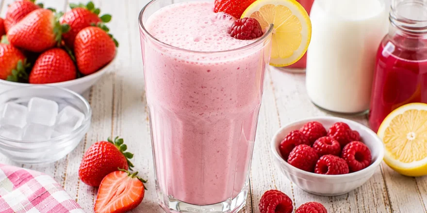 Cremiger Fruchtsaftmix mit Erdbeer- und Himbeersaft in einem hohen Glas mit frischen Beeren.